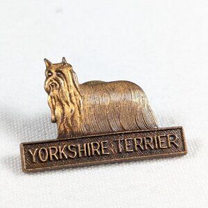 Vintage brass Yorkshire Terrier Brooch, long haired terrier lapel pin